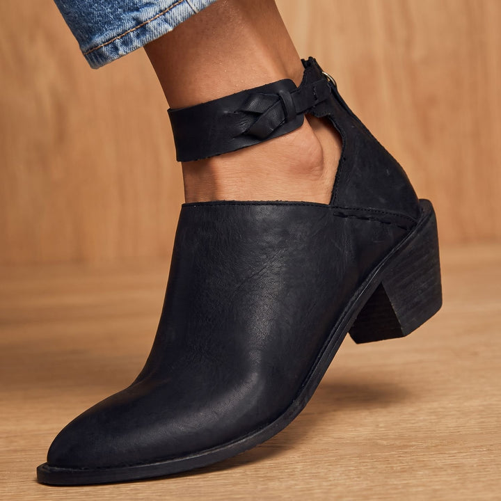 Damen Stiefeletten mit Schleifenriemen und Blockabsatz - Schwarz