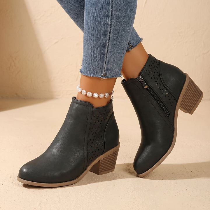 Damen Stiefeletten mit Seitlichem Reißverschluss Blockabsatz Ausgestanzt
