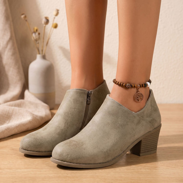 Damen Stiefeletten mit Seitlichem Reißverschluss Blockabsatz Runder Zehenbereich - Khaki
