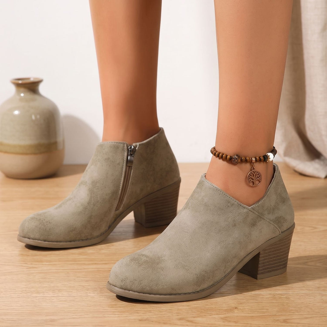 Damen Stiefeletten mit Seitlichem Reißverschluss Blockabsatz Runder Zehenbereich
