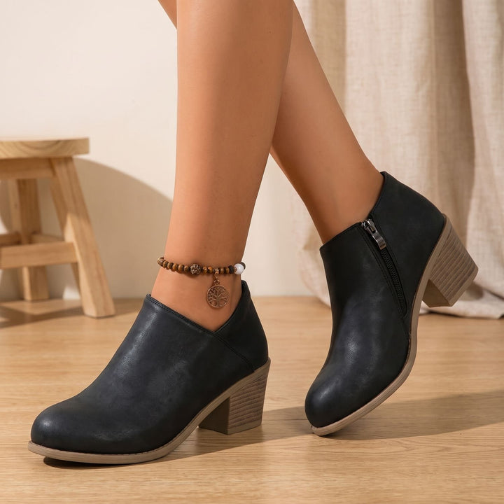 Damen Stiefeletten mit Seitlichem Reißverschluss Blockabsatz Runder Zehenbereich