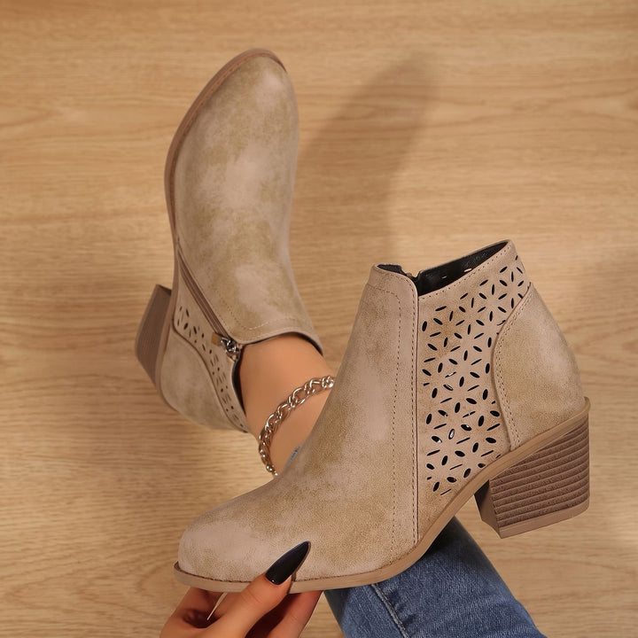 Damen Stiefeletten mit Seitlichem Reißverschluss Blockabsatz Ausgestanzt - Beige