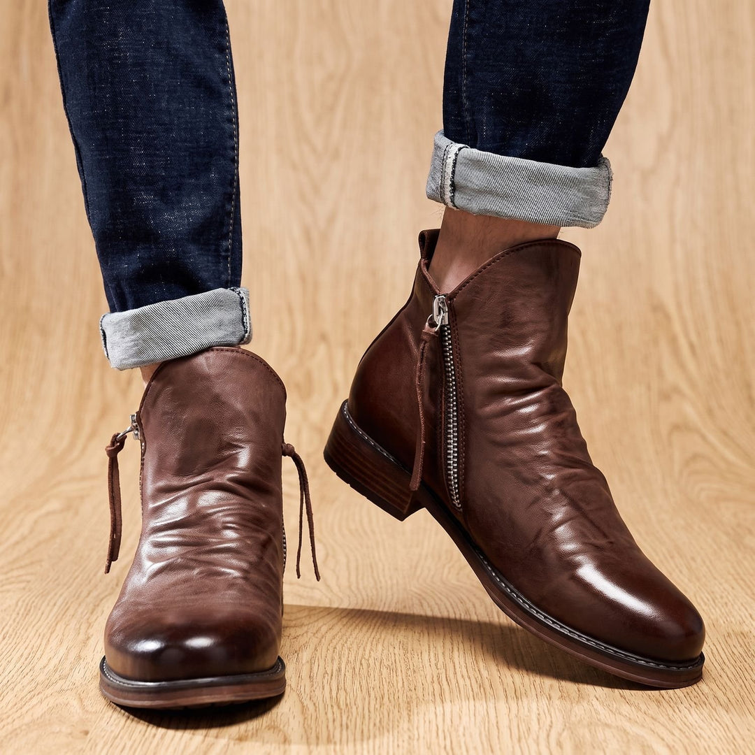 Damen Stiefeletten mit Seitlichem Reißverschluss Knöchelhohe Lederstiefel