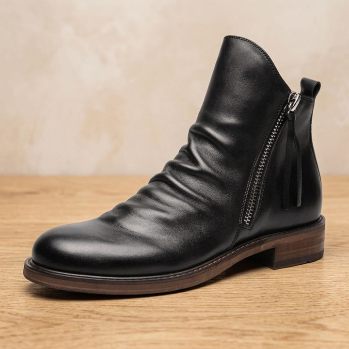 Damen Stiefeletten mit Seitlichem Reißverschluss Knöchelhohe Lederstiefel - Schwarz