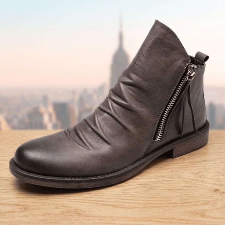 Damen Stiefeletten mit Seitlichem Reißverschluss Knöchelhohe Lederstiefel - Grau