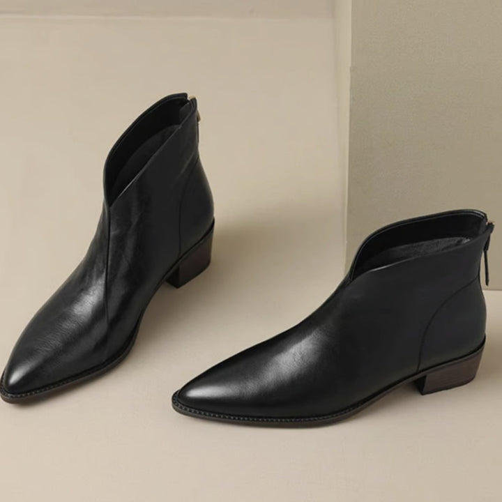 Damen Stiefeletten mit spitzer Zehenpartie niedrigem Blockabsatz Reißverschluss