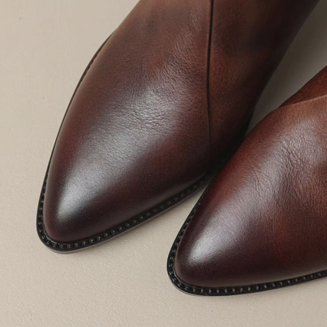 Damen Stiefeletten mit spitzer Zehenpartie niedrigem Blockabsatz Reißverschluss