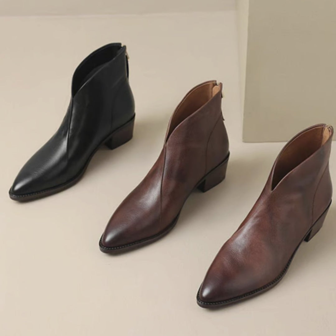 Damen Stiefeletten mit spitzer Zehenpartie niedrigem Blockabsatz Reißverschluss