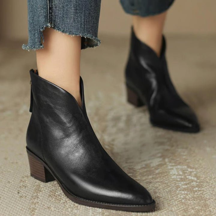 Damen Stiefeletten mit spitzer Zehenpartie niedrigem Blockabsatz Reißverschluss - Schwarz