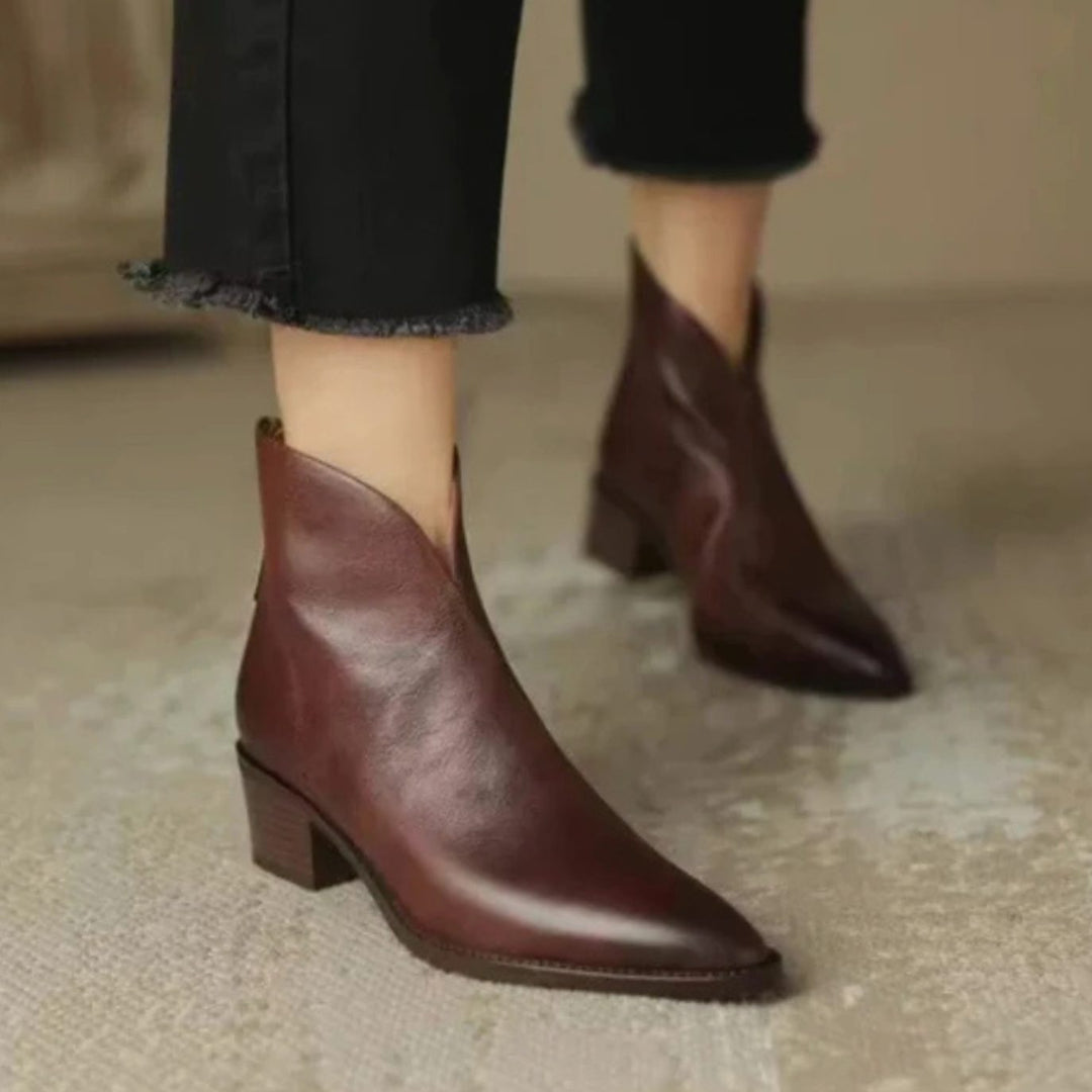 Damen Stiefeletten mit spitzer Zehenpartie niedrigem Blockabsatz Reißverschluss - Braun
