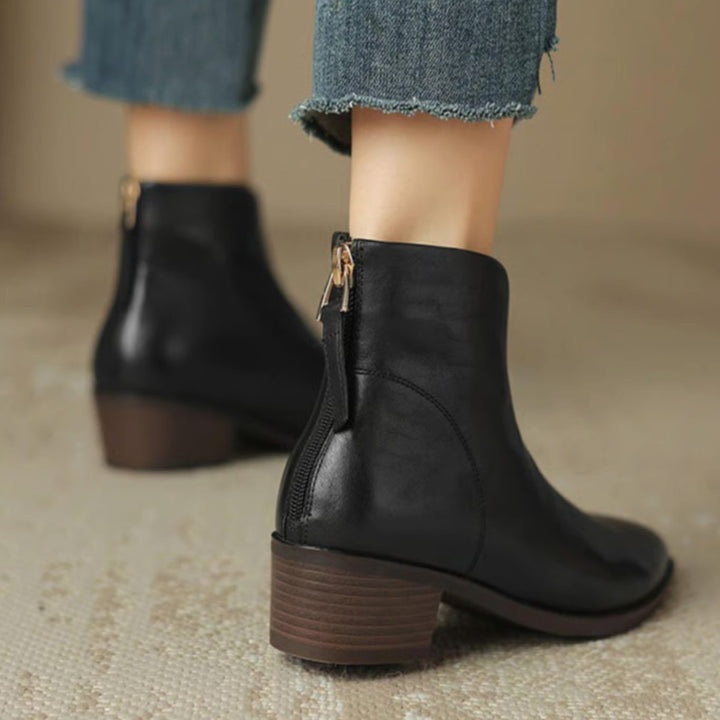 Damen Stiefeletten mit spitzer Zehenpartie niedrigem Blockabsatz Reißverschluss
