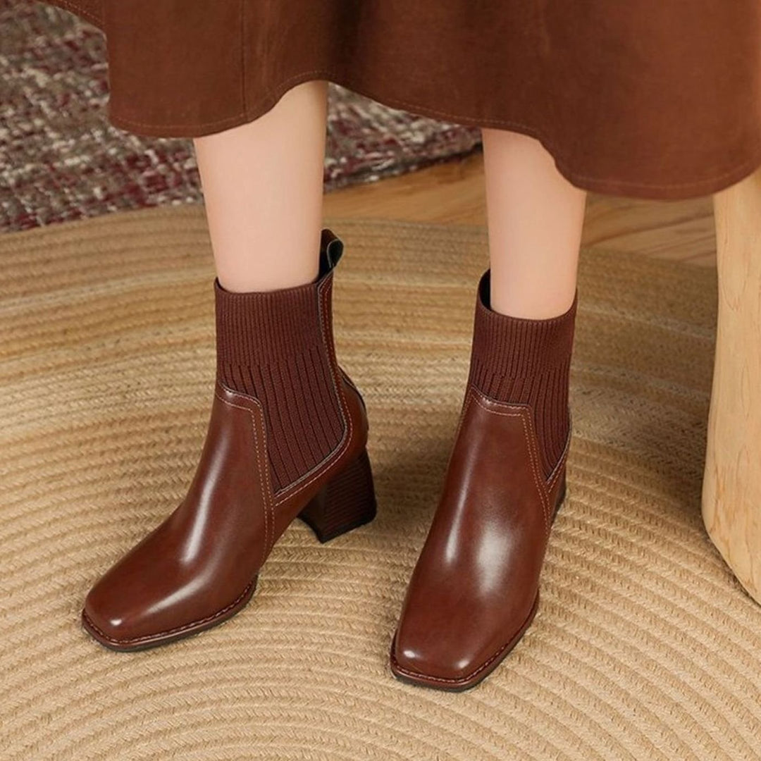 Damen Stiefeletten mit Strick-Einsatz und Blockabsatz