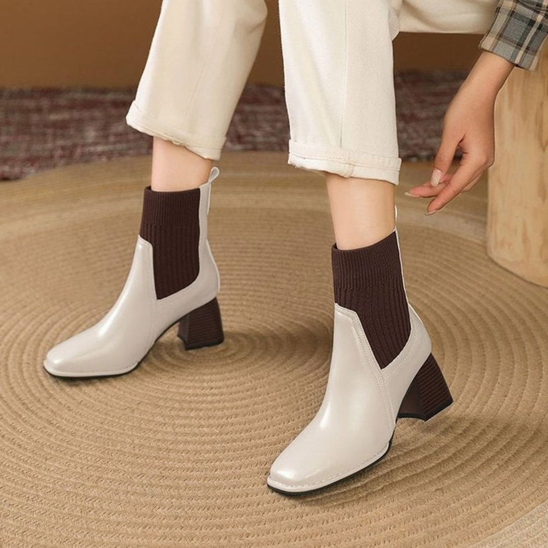 Damen Stiefeletten mit Strick-Einsatz und Blockabsatz