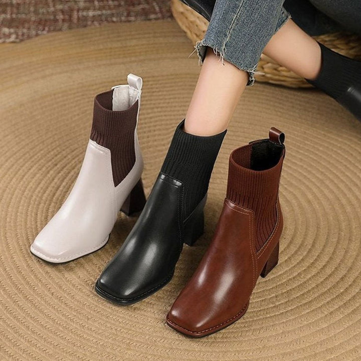 Damen Stiefeletten mit Strick-Einsatz und Blockabsatz