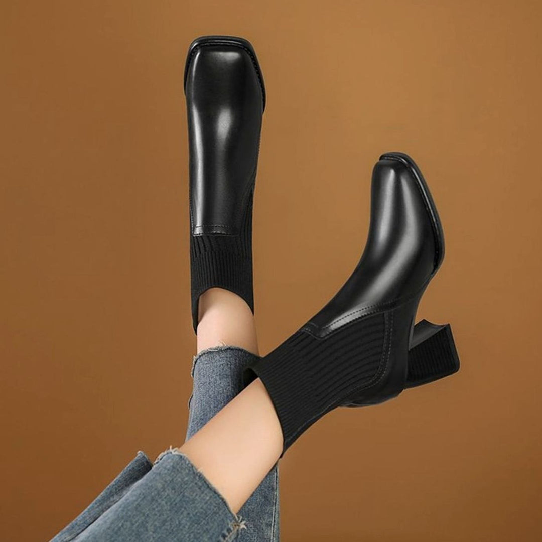 Damen Stiefeletten mit Strick-Einsatz und Blockabsatz