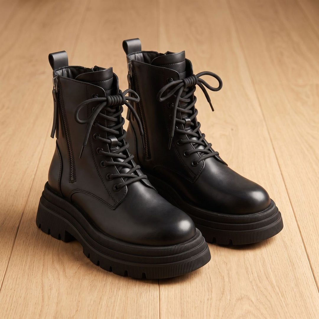 Damen Stiefeletten Schnürer Chunky Plateausohle Seitlicher Reißverschluss - Schwarz