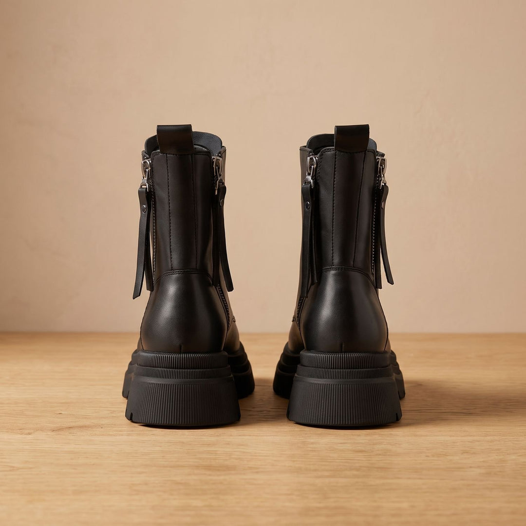 Damen Stiefeletten Schnürer Chunky Plateausohle Seitlicher Reißverschluss