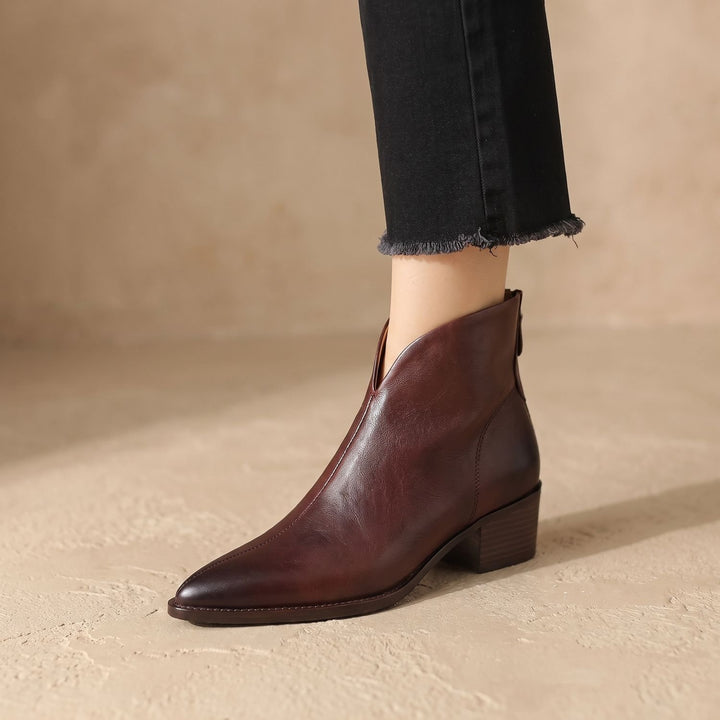 Damen Stiefeletten Spitze Chelsea-Boots Asymmetrischer Schaft Blockabsatz - Braun (gefüttert)