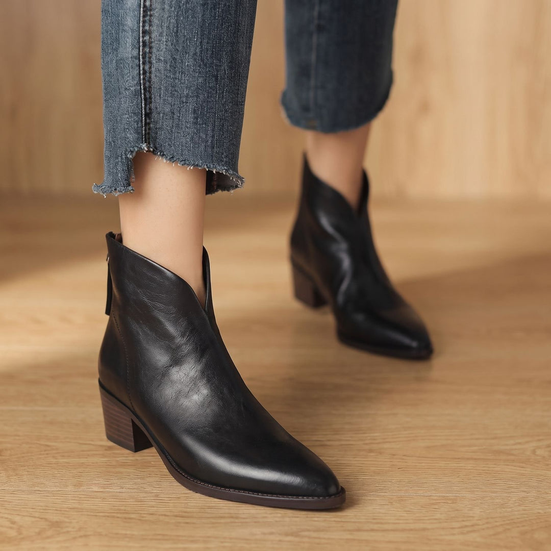 Damen Stiefeletten Spitze Chelsea-Boots Asymmetrischer Schaft Blockabsatz - Schwarz (gefüttert)