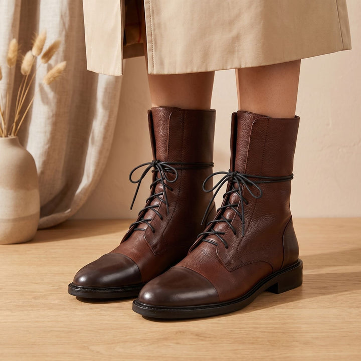 Damen Stiefeletten Vintage Schnür-Kurzstiefel aus Kunstleder - Braun