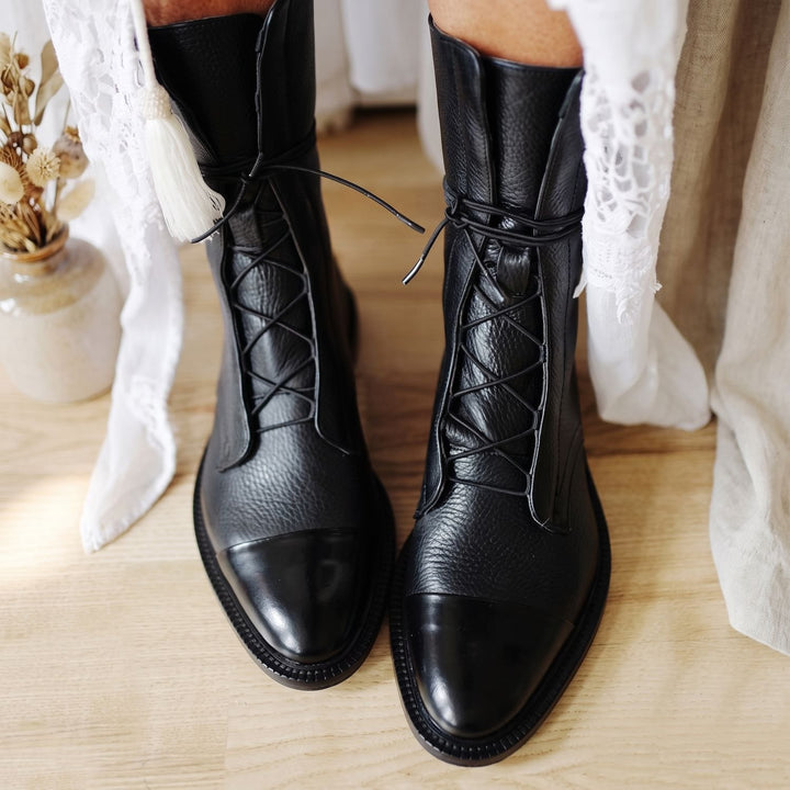 Damen Stiefeletten Vintage Schnür-Kurzstiefel aus Kunstleder - Schwarz