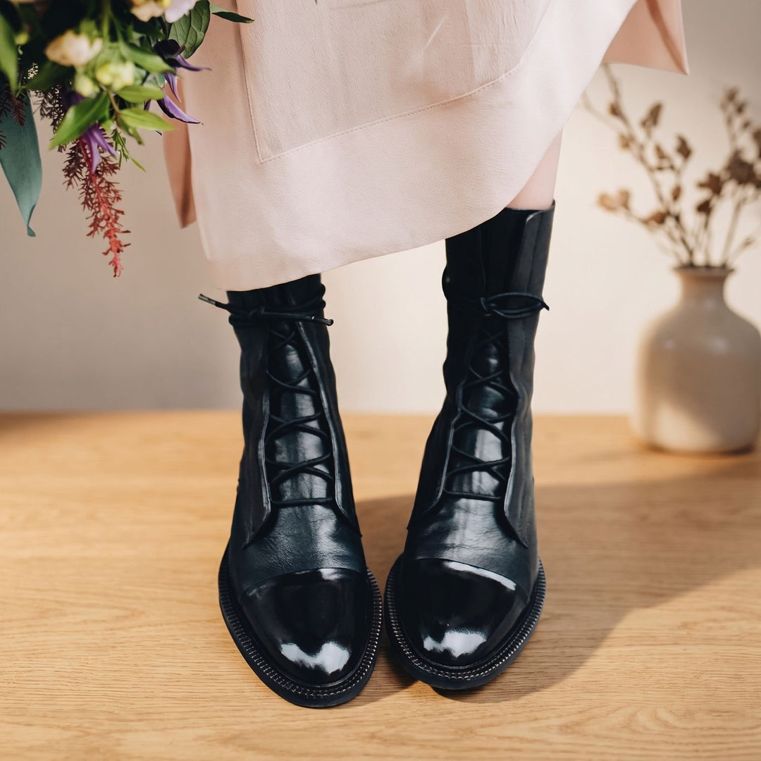 Damen Stiefeletten Vintage Schnür-Kurzstiefel aus Kunstleder