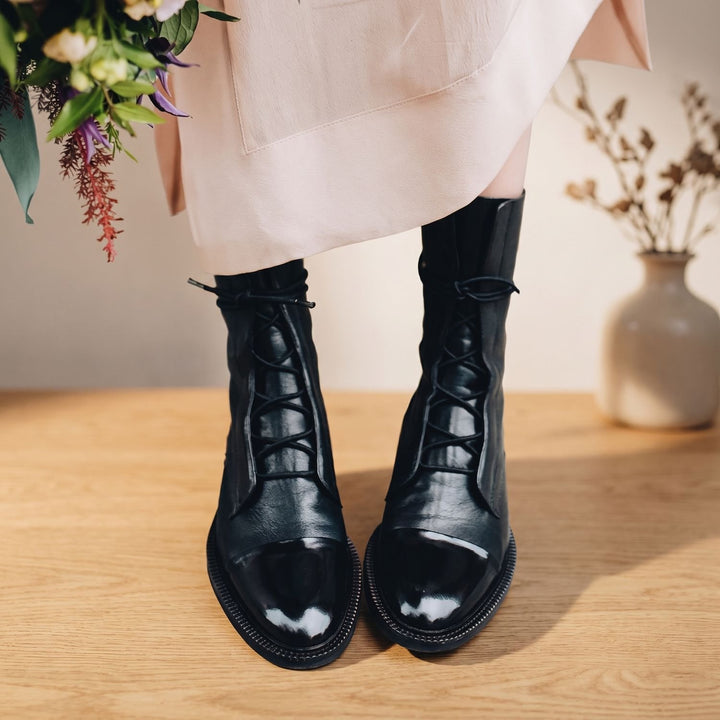 Damen Stiefeletten Vintage Schnür-Kurzstiefel aus Kunstleder