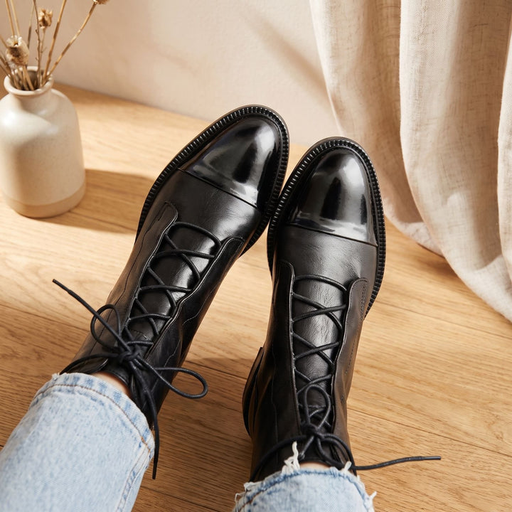 Damen Stiefeletten Vintage Schnür-Kurzstiefel aus Kunstleder