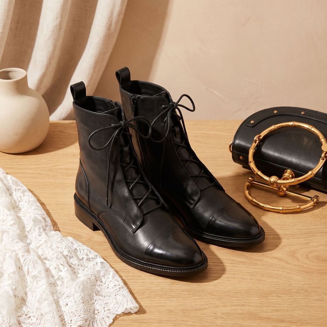 Damen Stiefeletten Vintage Schnür-Kurzstiefel aus Kunstleder