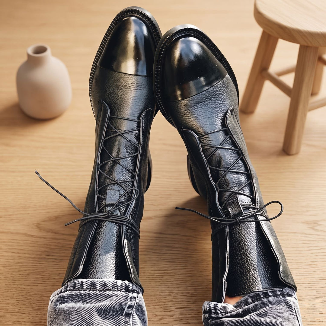 Damen Stiefeletten Vintage Schnür-Kurzstiefel aus Kunstleder
