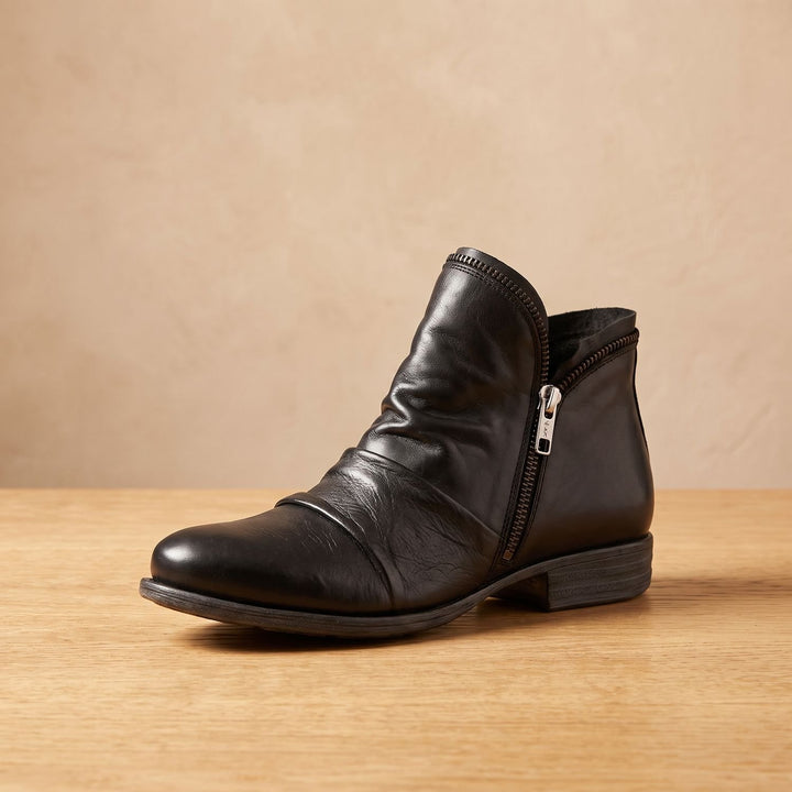 Damen Stiefeletten Weite Passform Reißverschluss Leder-Optik Knöchelboots - Schwarz
