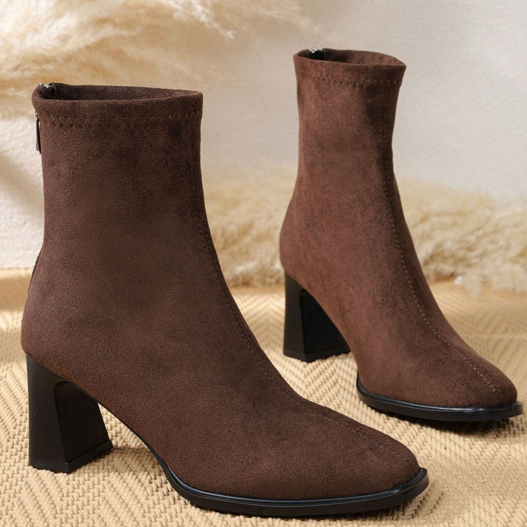 Damen Stiefeletten Wildleder Blockabsatz mit Reißverschluss - Kaffee