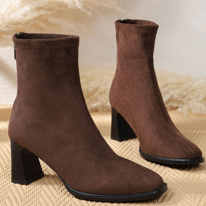 Damen Stiefeletten Wildleder Blockabsatz mit Reißverschluss - Kaffee