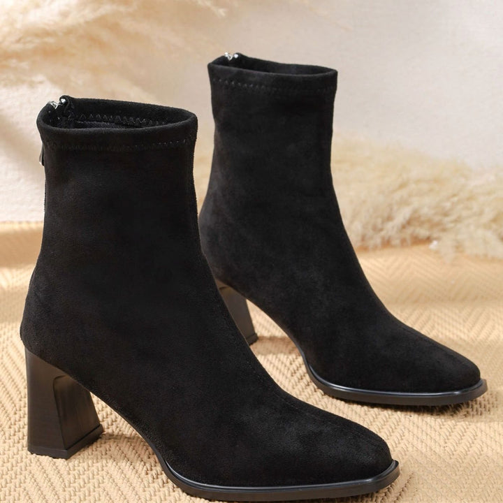 Damen Stiefeletten Wildleder Blockabsatz mit Reißverschluss - Schwarz