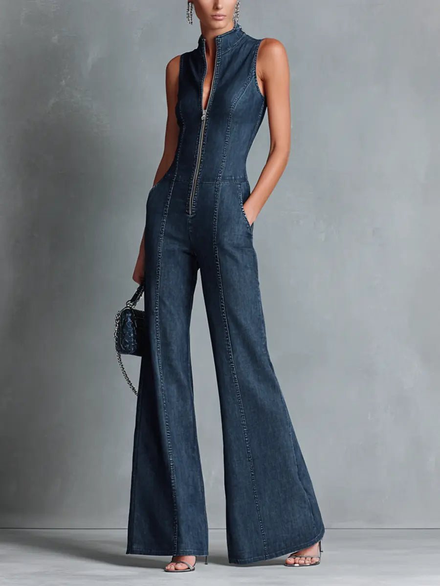 Damen Stretch-Denim Schlaghose Overall Reißverschluss - Blue