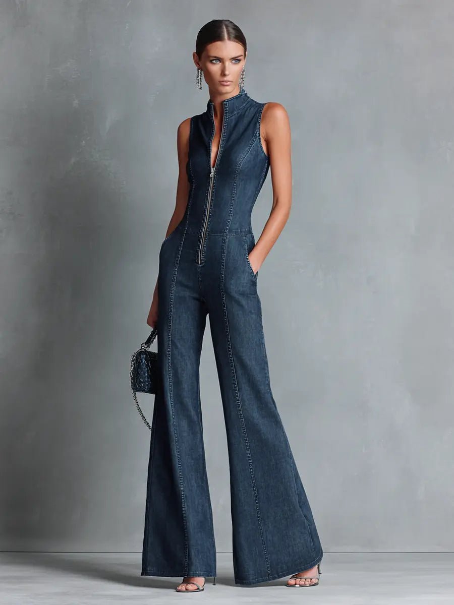 Damen Stretch-Denim Schlaghose Overall Reißverschluss