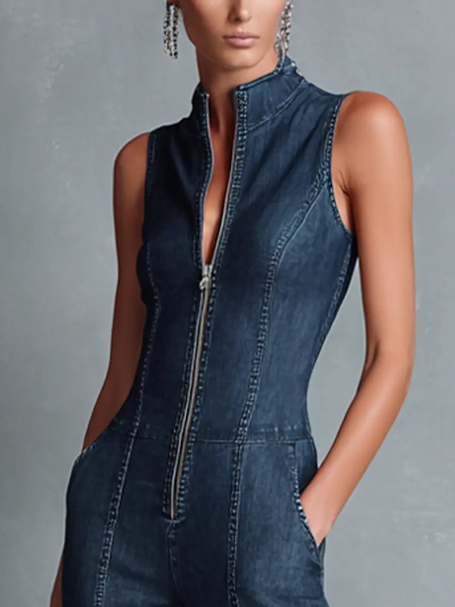 Damen Stretch-Denim Schlaghose Overall Reißverschluss