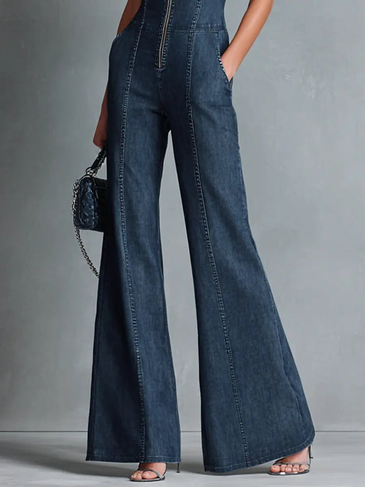 Damen Stretch-Denim Schlaghose Overall Reißverschluss