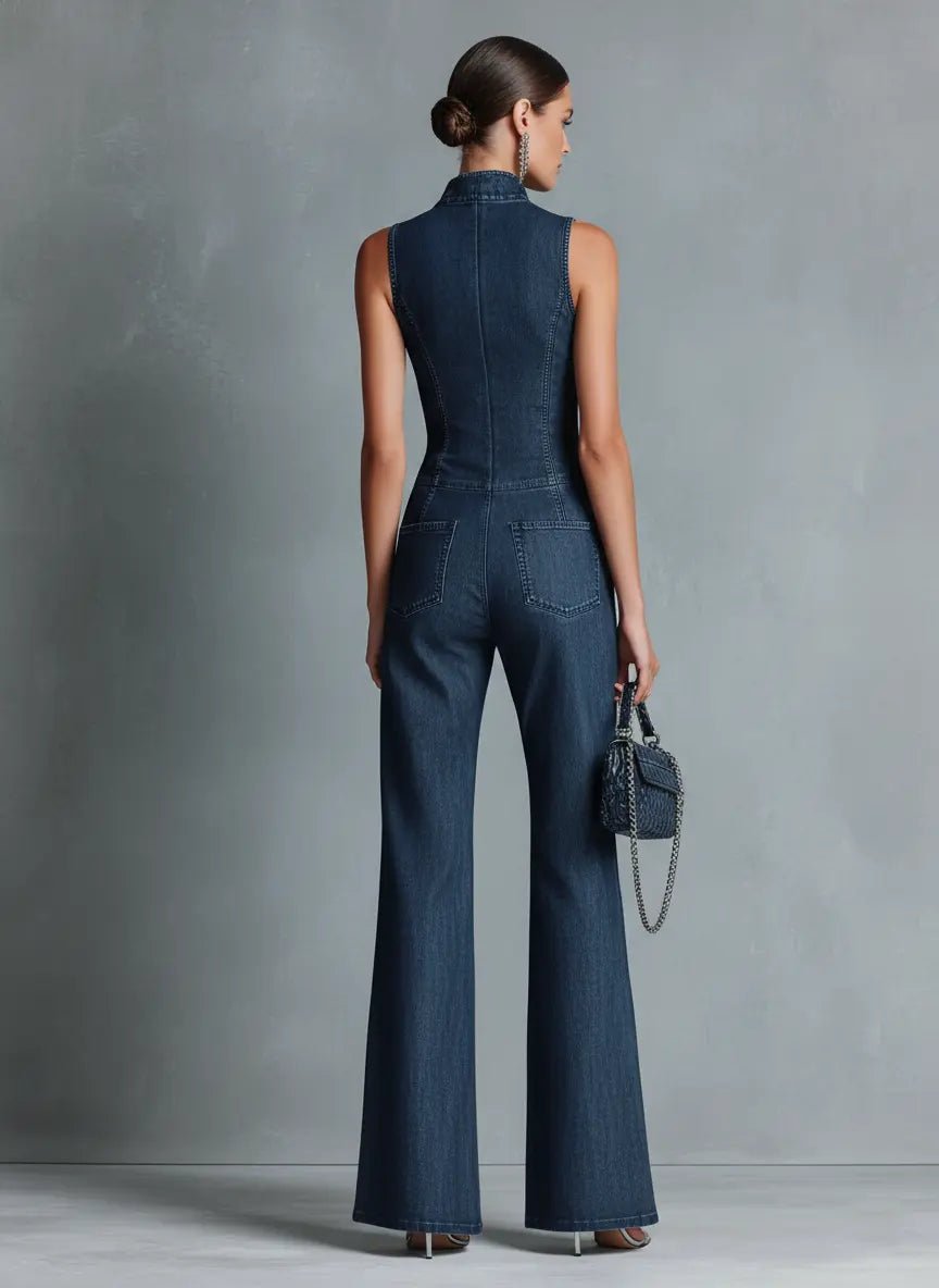 Damen Stretch-Denim Schlaghose Overall Reißverschluss