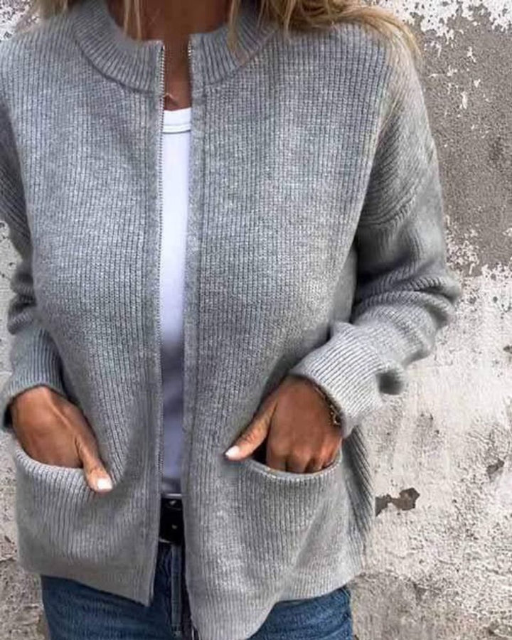 Damen Strick-Cardigan mit Reißverschluss lockere Passform Fronttaschen - Grau