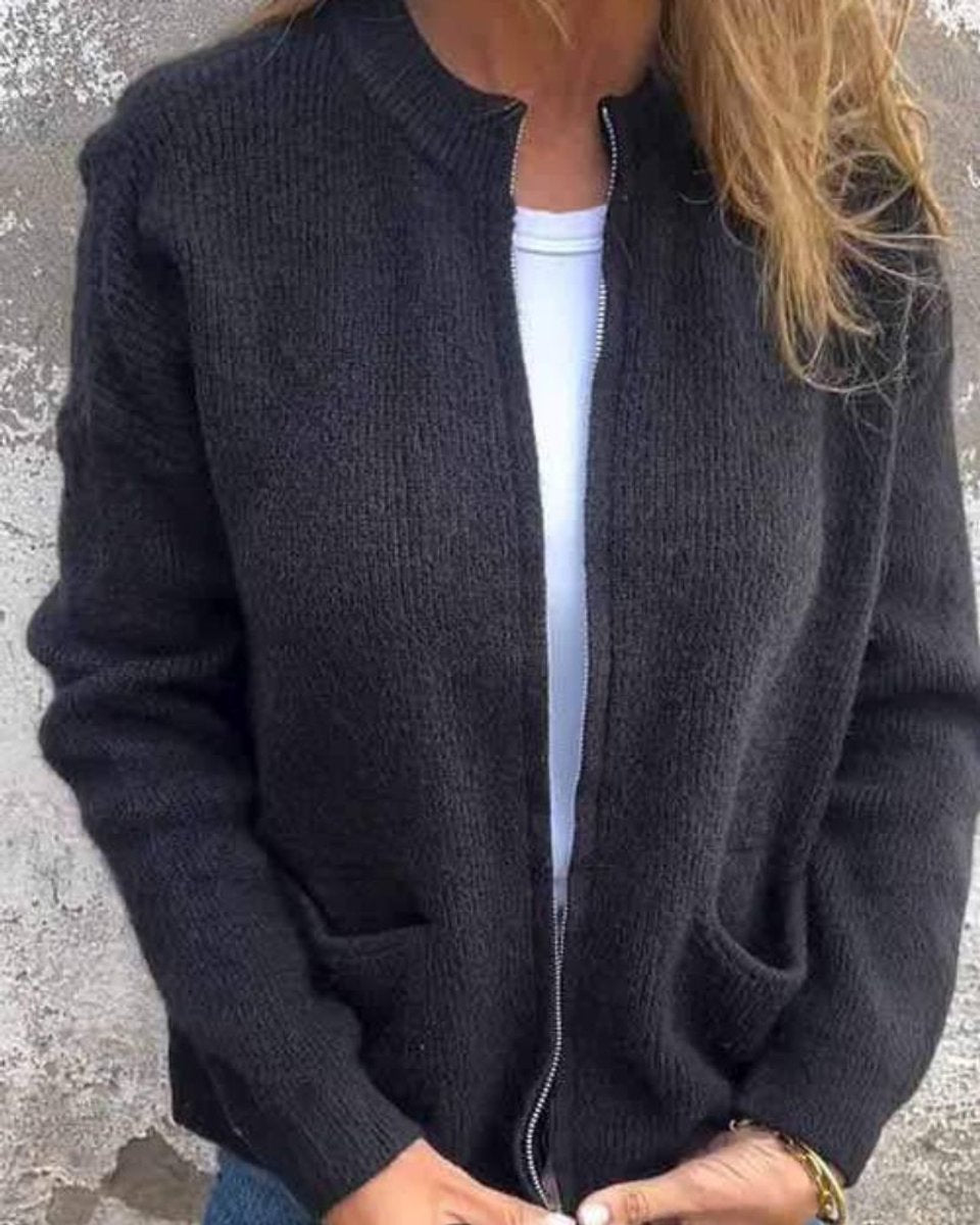 Damen Strick-Cardigan mit Reißverschluss lockere Passform Fronttaschen - Schwarz