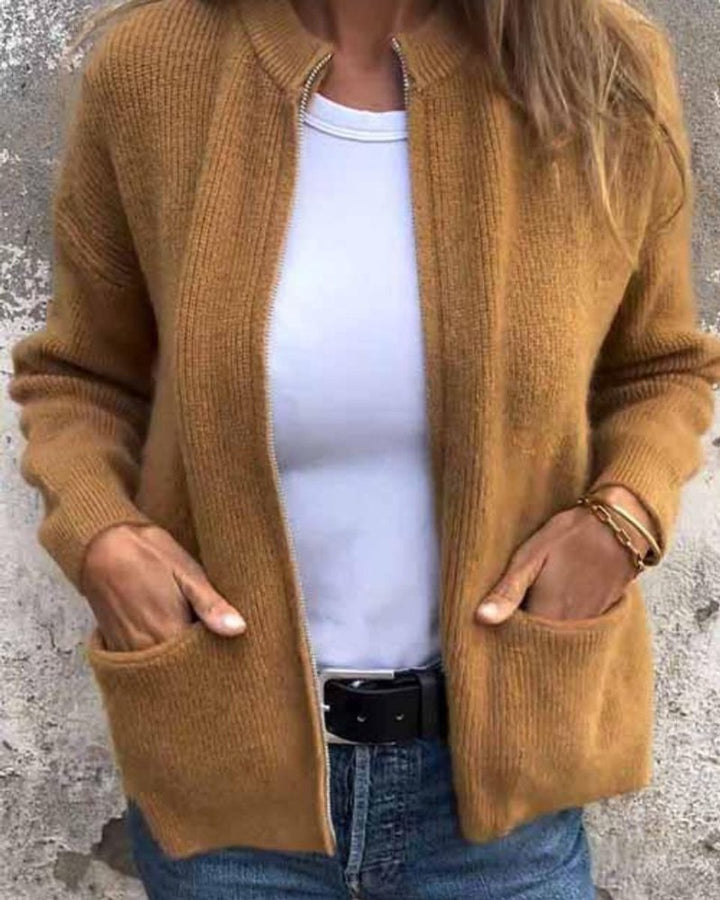 Damen Strick-Cardigan mit Reißverschluss lockere Passform Fronttaschen - Braun