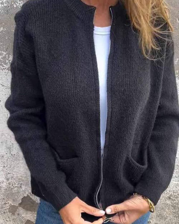 Damen Strick-Cardigan mit Reißverschluss lockere Passform Fronttaschen