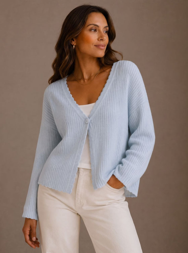 Damen Strick-Cardigan V-Ausschnitt Einknopf Wellenkante - Blau