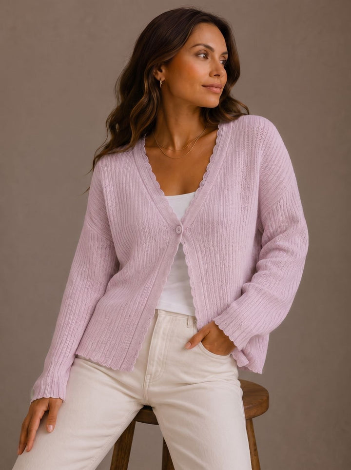 Damen Strick-Cardigan V-Ausschnitt Einknopf Wellenkante - Rosa