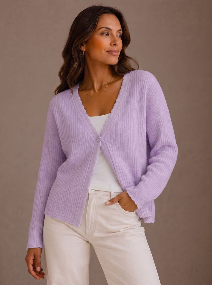 Damen Strick-Cardigan V-Ausschnitt Einknopf Wellenkante - Lila