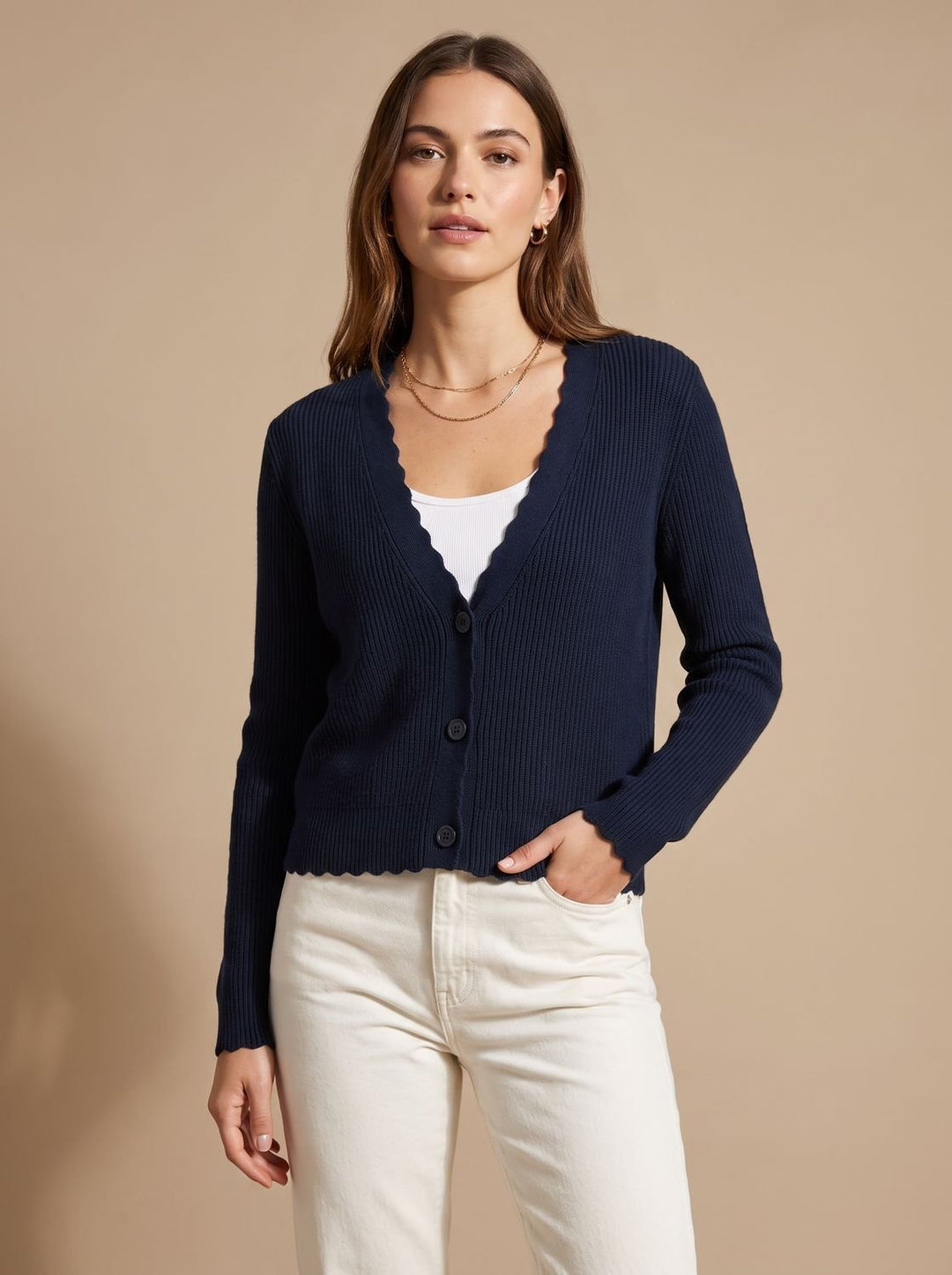 Damen Strick-Cardigan V-Ausschnitt Einknopf Wellenkante - Marineblau