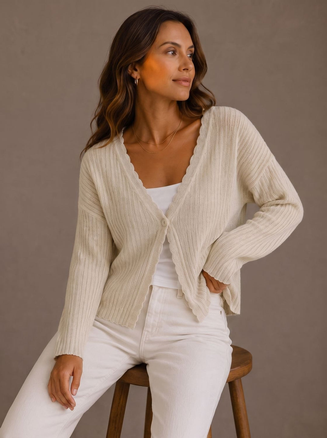 Damen Strick-Cardigan V-Ausschnitt Einknopf Wellenkante - Beige