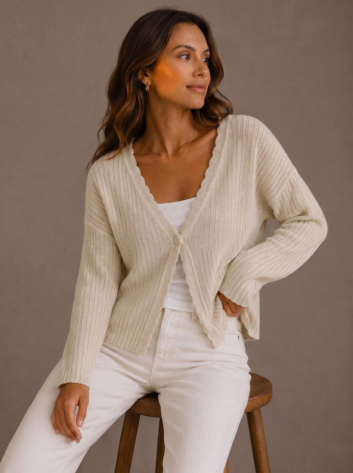 Damen Strick-Cardigan V-Ausschnitt Einknopf Wellenkante - Beige