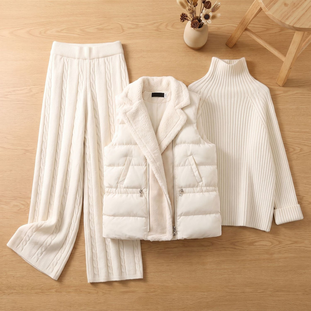 Damen Strick Dreiteiler Winter-Set Rollkragenpullover Weste Hose - Weiß